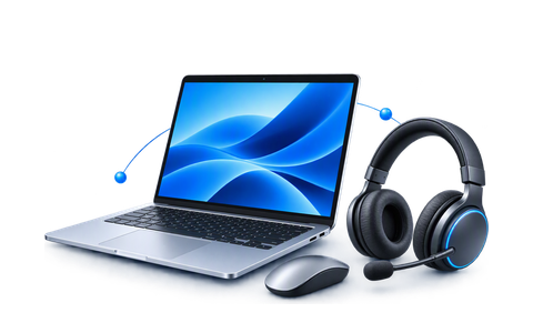 Kannettava tietokone ja tukikuulokkeet